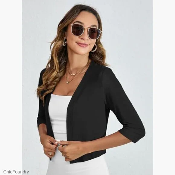 Lightweight 3/4 Sleeve Cropped Cardigan Shrug Open Front Thin Top - Picture 2 of 7